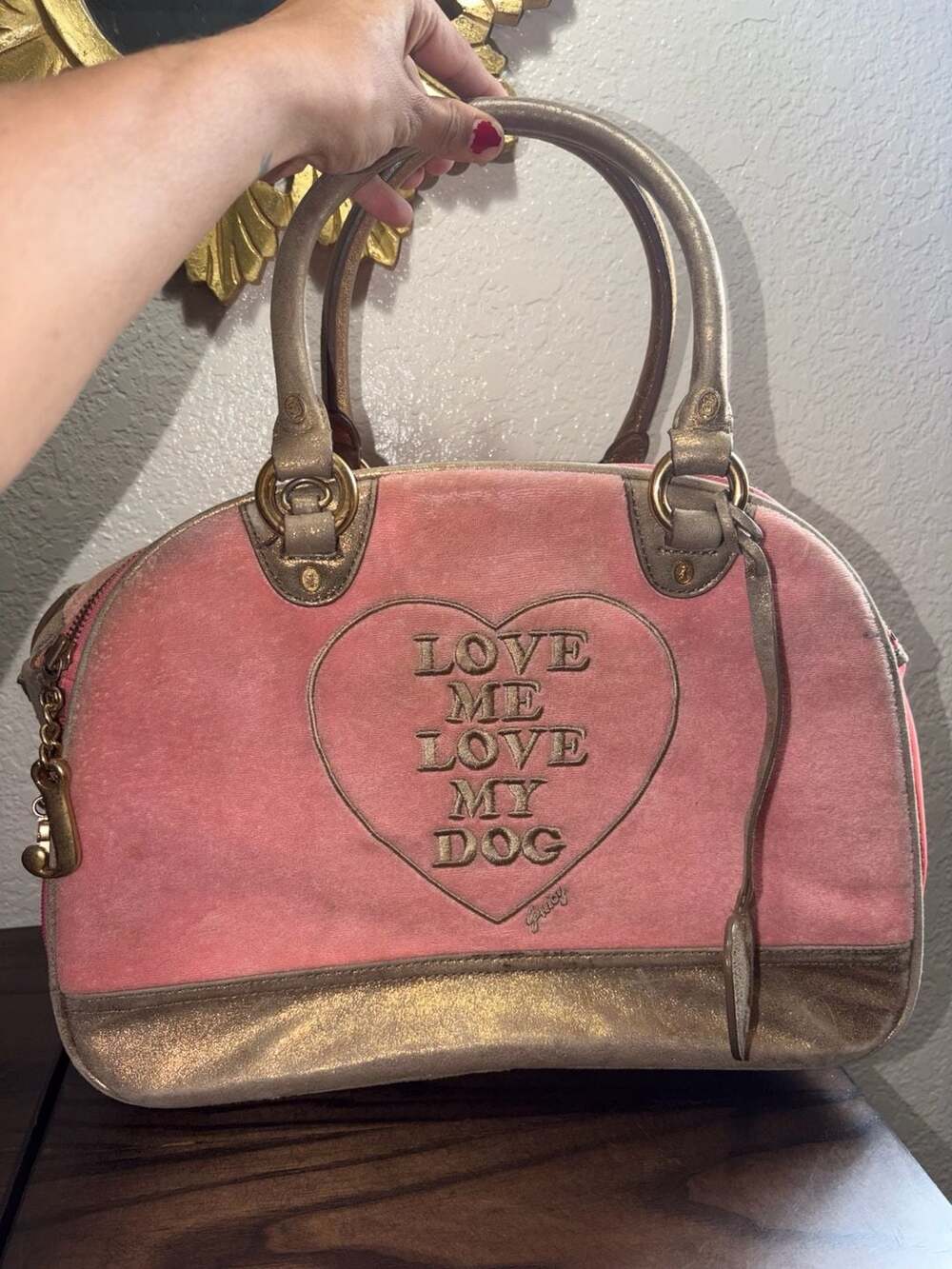 Juicy Couture 'Love Me Love My Dog' Pink Velour Satchel Pet Carrier